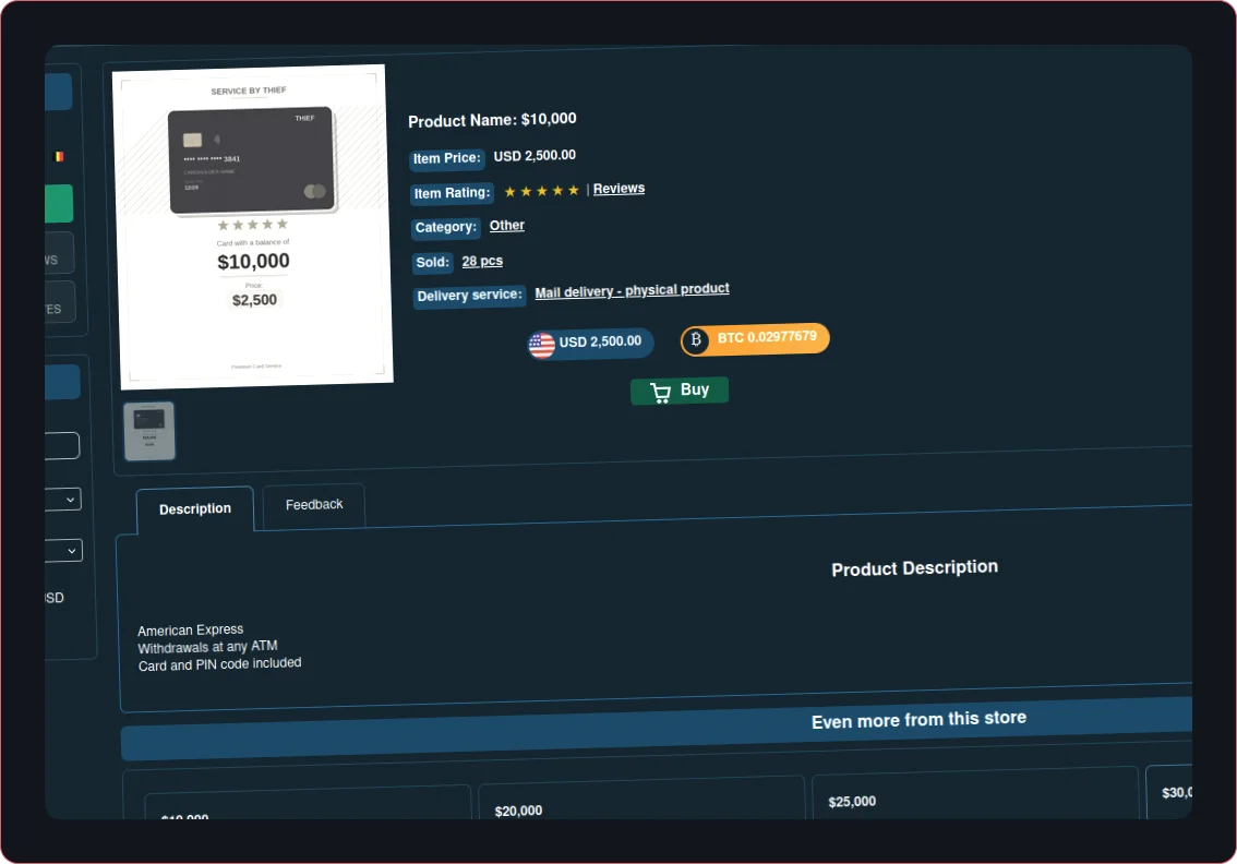 Darknet marketplace listing for cloned card services